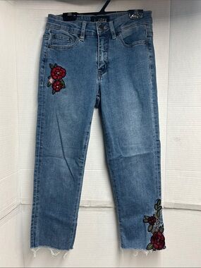 Joseph Ribkoff Blue Cropped Jeans with Red Floral Embroidery Size 4